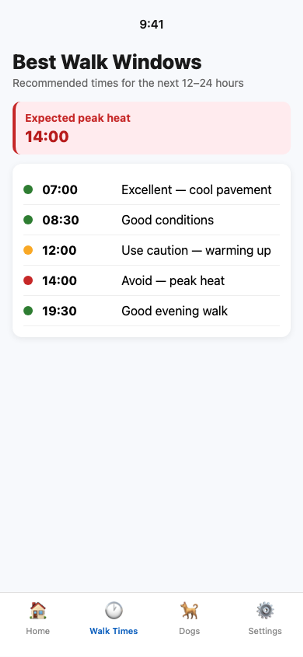 Best walk windows for the next 24 hours